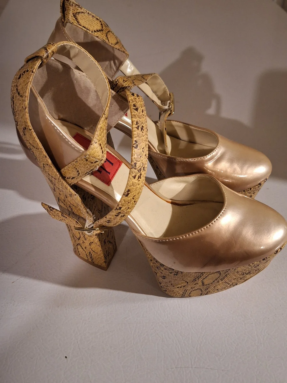Women's Gold Platform Heels with Snake-Print Straps